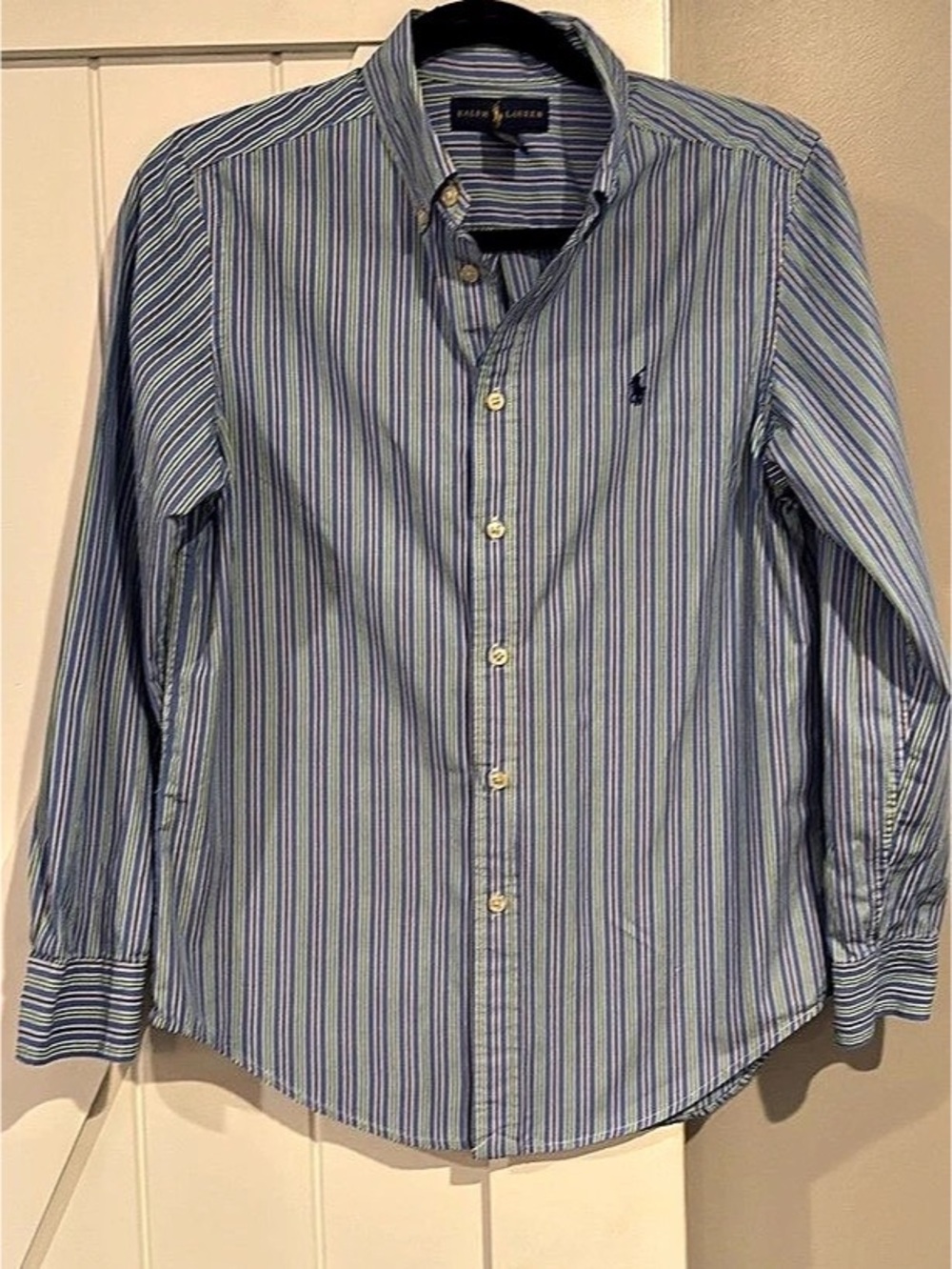 Ralph Lauren Boys Striped Cotton Button-Down Shirt Blue & Green Size Large